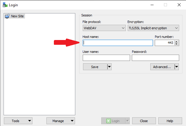 Screenshot WinSCP: host name setting